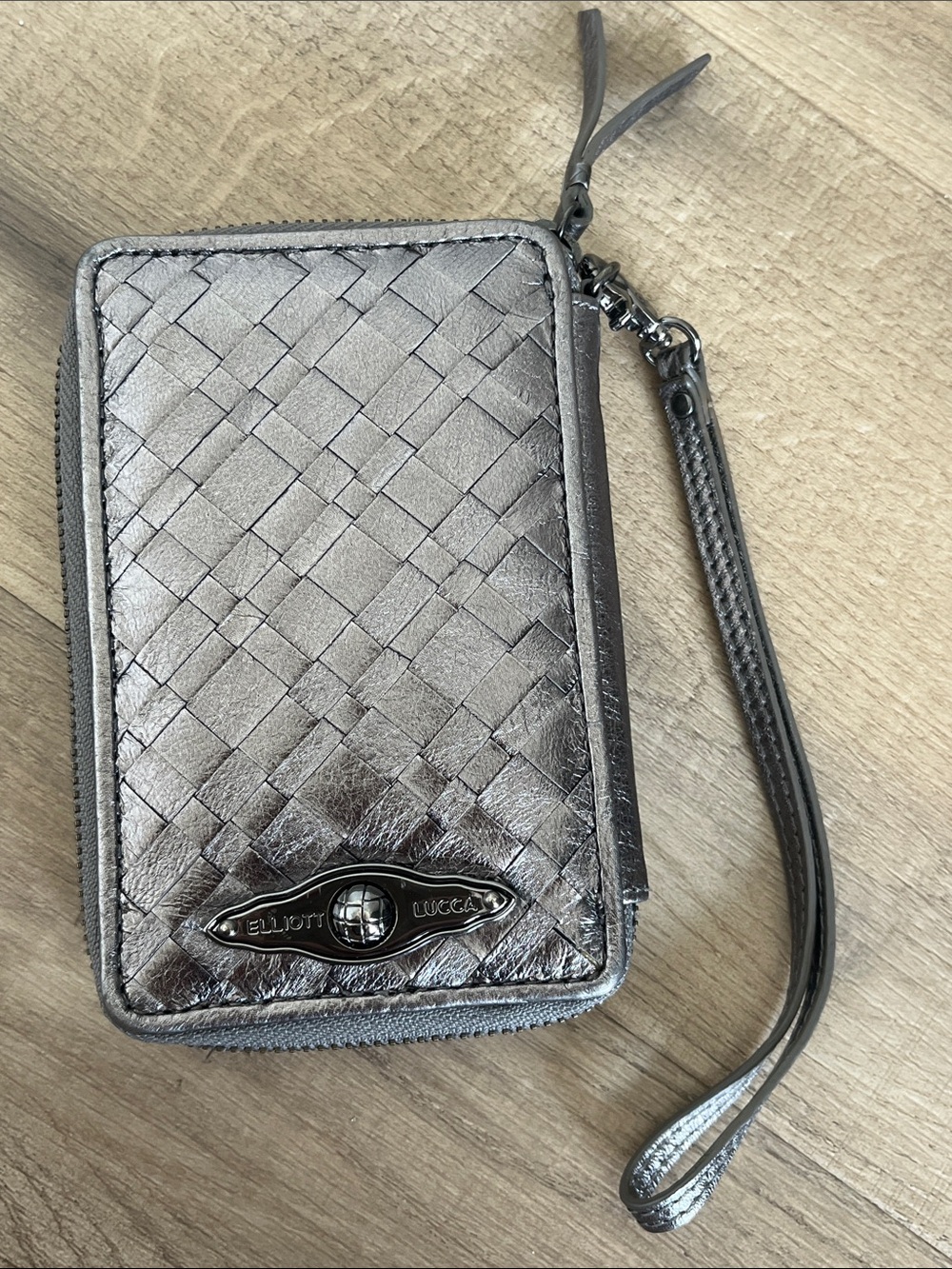 Elliott Lucca Metallic Woven Leather Wristlet in Silver-Taupe Leather Travel